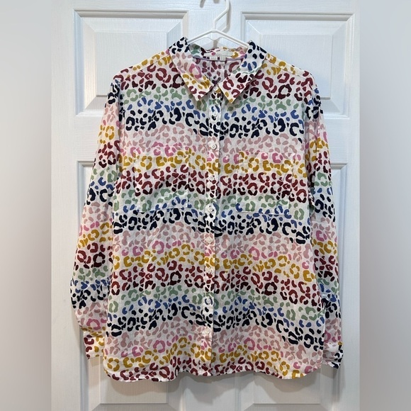 Boden Colorful Cheetah Print 100% Linen Blouse Button Front Women Sz 10P - Picture 1 of 6
